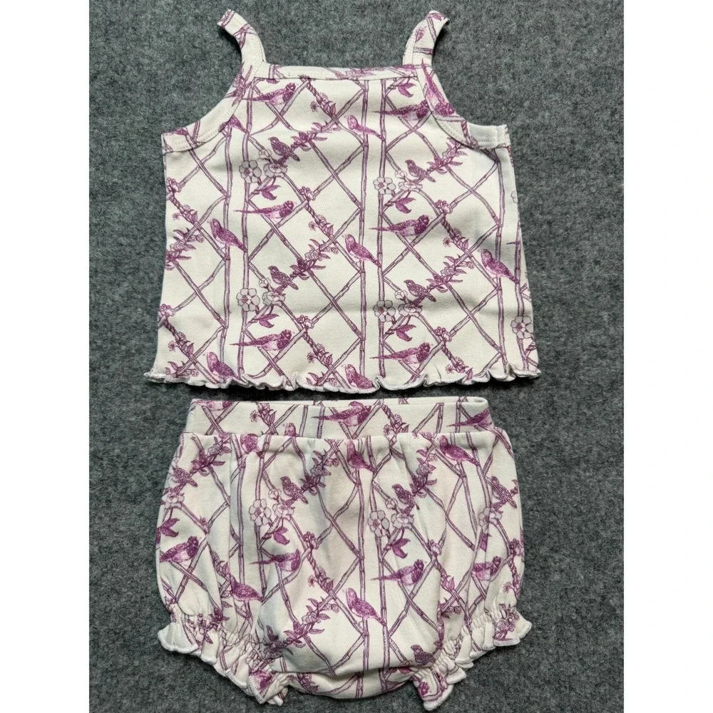 NWT Kate Quinn Tank and Bloomer Set 12-18m Purple Trellis Birds Lettuce Edge